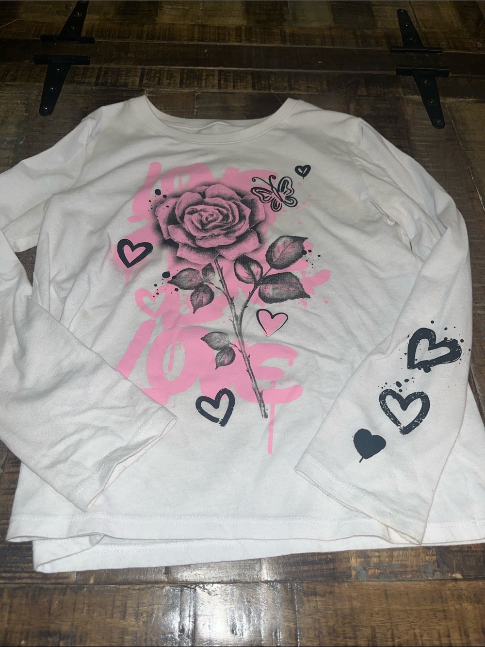 Place White Long Sleeve Tee with Pink Rose and Black Heart Accents